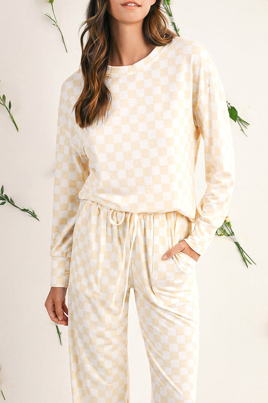 Beige Checkered Print Long Sleeve Loose Fit Pajama Set