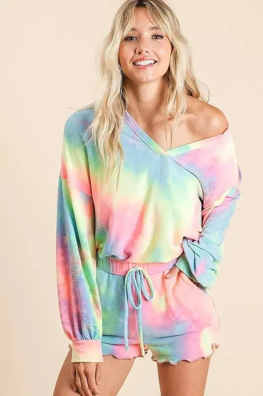 Women's Loungewear Set - Tie Dye French Terry - Top & Shorts 2-Piece