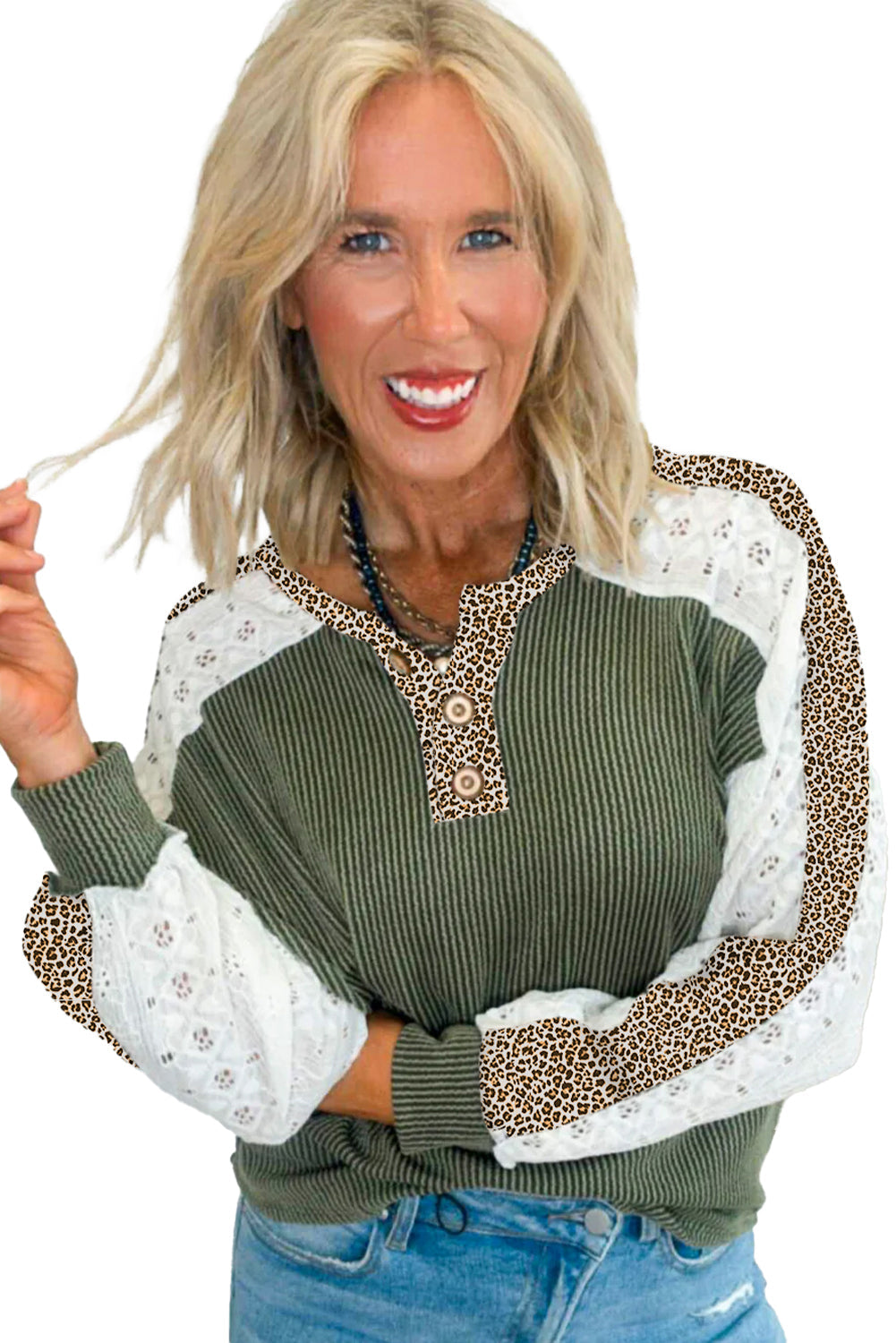 Vineyard Green Texture Patchwork Lace Sleeve Leopard Henley Top