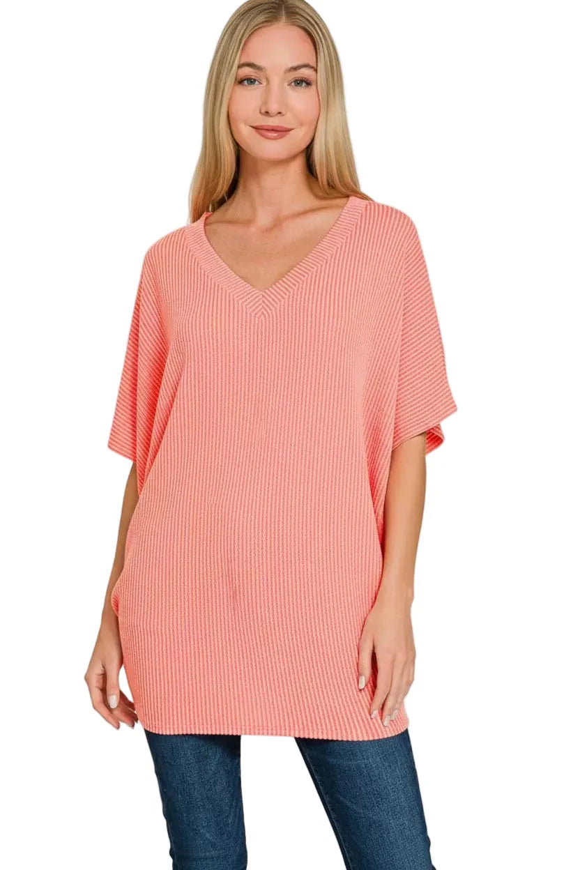 Zenana Raised Rib V-Neck Batwing Top