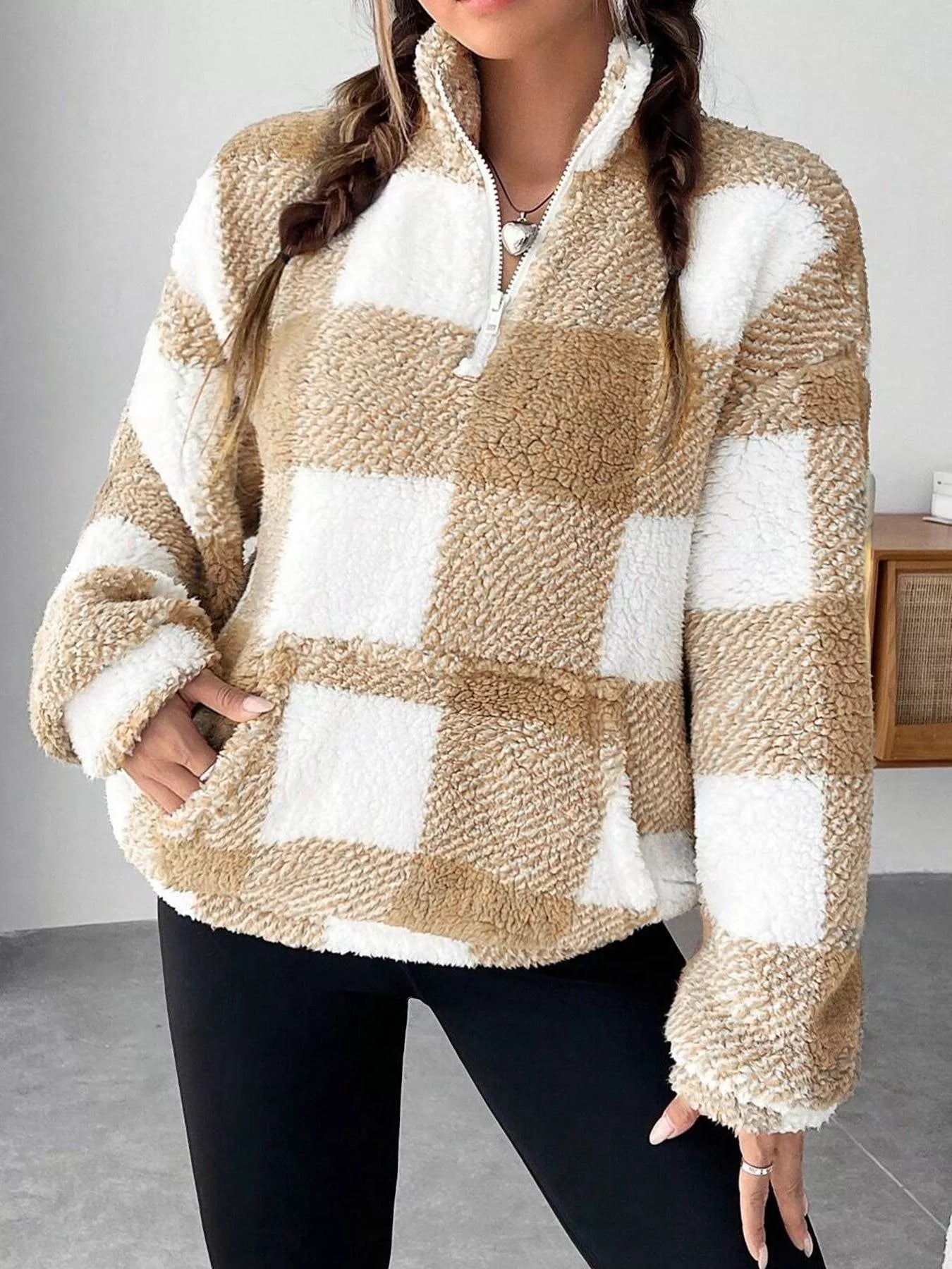 Full Size Plaid Sherpa Long Sleeve Sweatshirt Plus Size