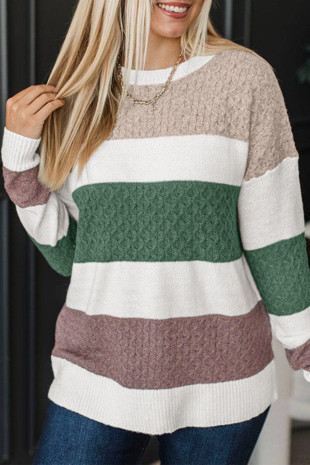 Brown Mixed Texture Knit Striped Colorblock Loose Sweater