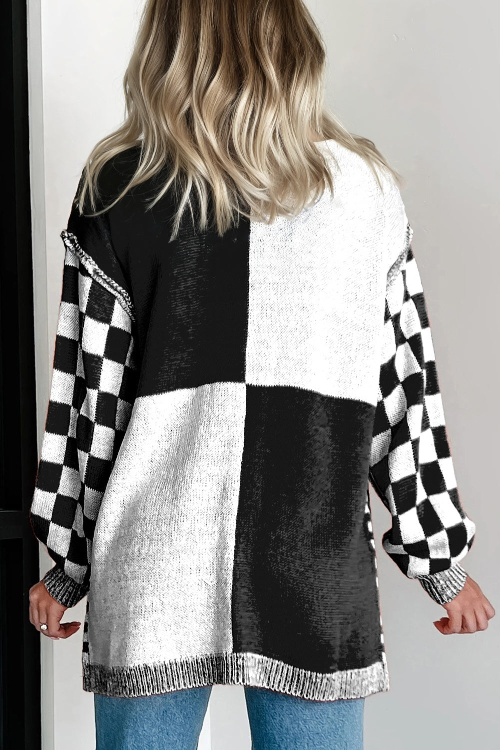 Brown Checkered Bubble Sleeve Drop Shoulder Open Cardigan
