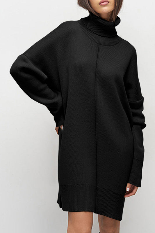 Black Solid Color Turtleneck Drop Shoulder Loose Sweater Dress
