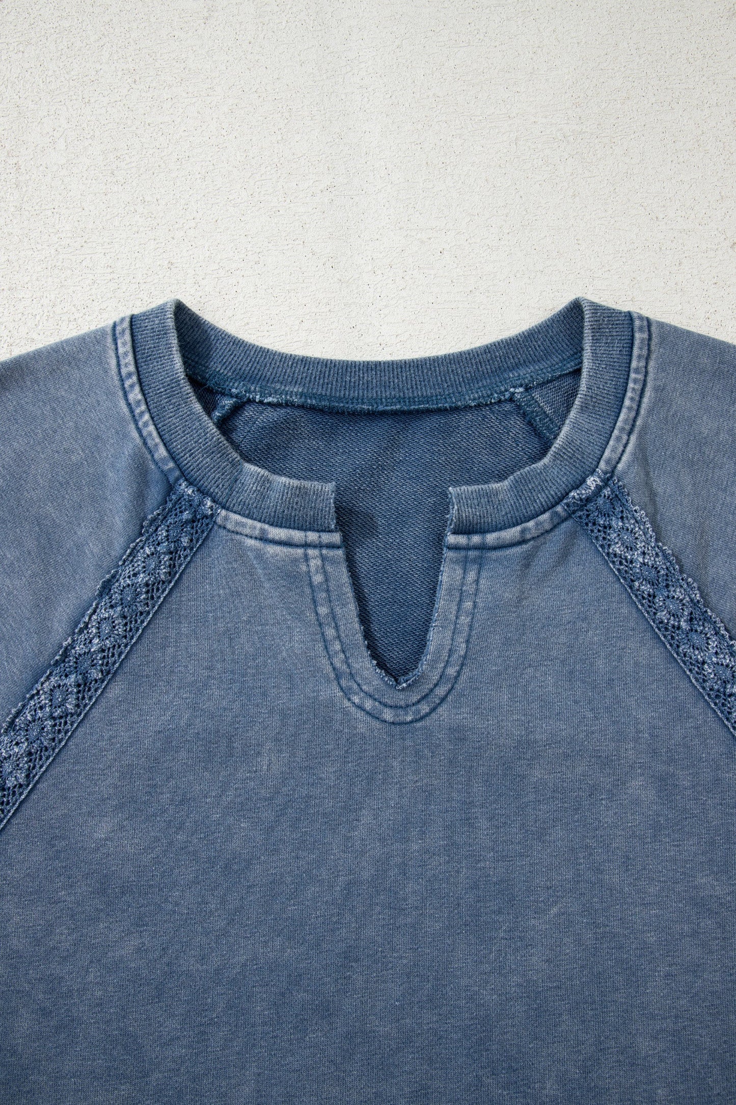 Red Dahlia Lace Patchwork Detail Notched Neck Mineral Wash Baggy Sweatshirt