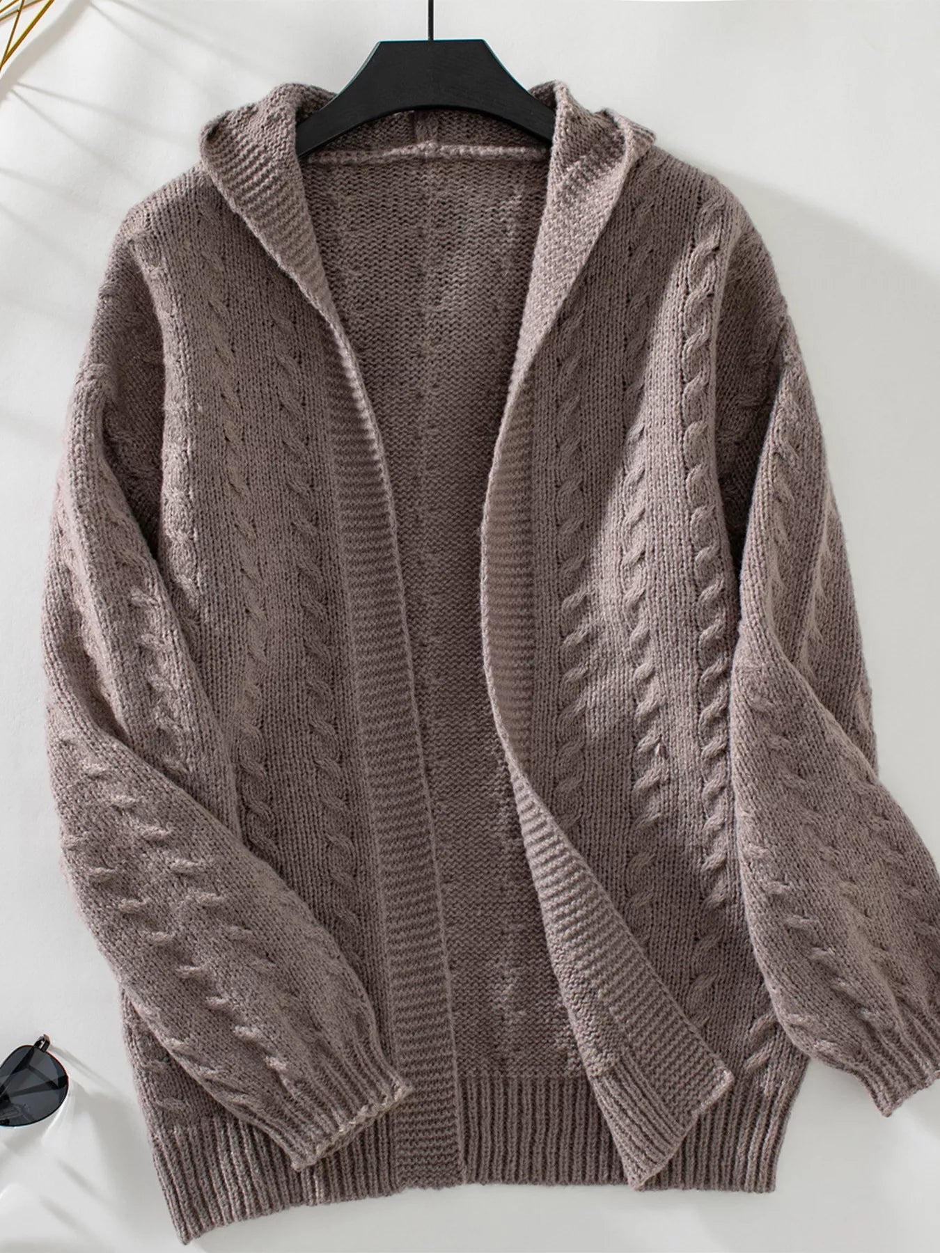 Cable Knit Open Front Hooded Cardigan