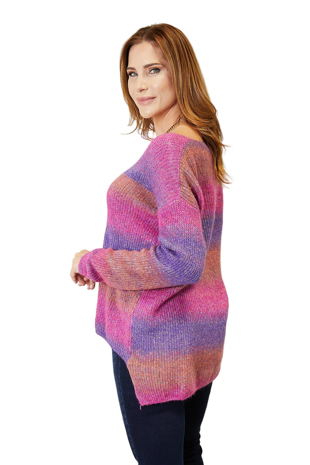 Angel Wings Multicolored Rib-Knit V-Neck Knit Pullover