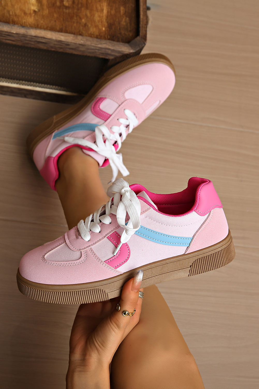 Pink Striped Patchwork Lace Up Sneakers
