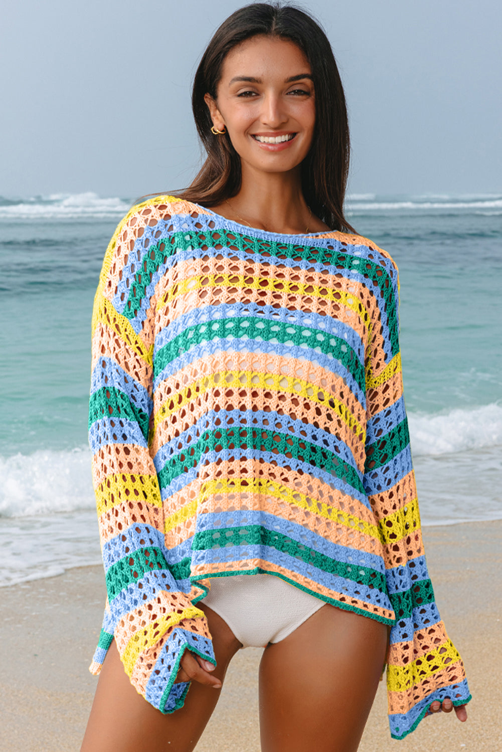 Beau Blue Multi Stripe Open Knit Sweater Beach Cover Up