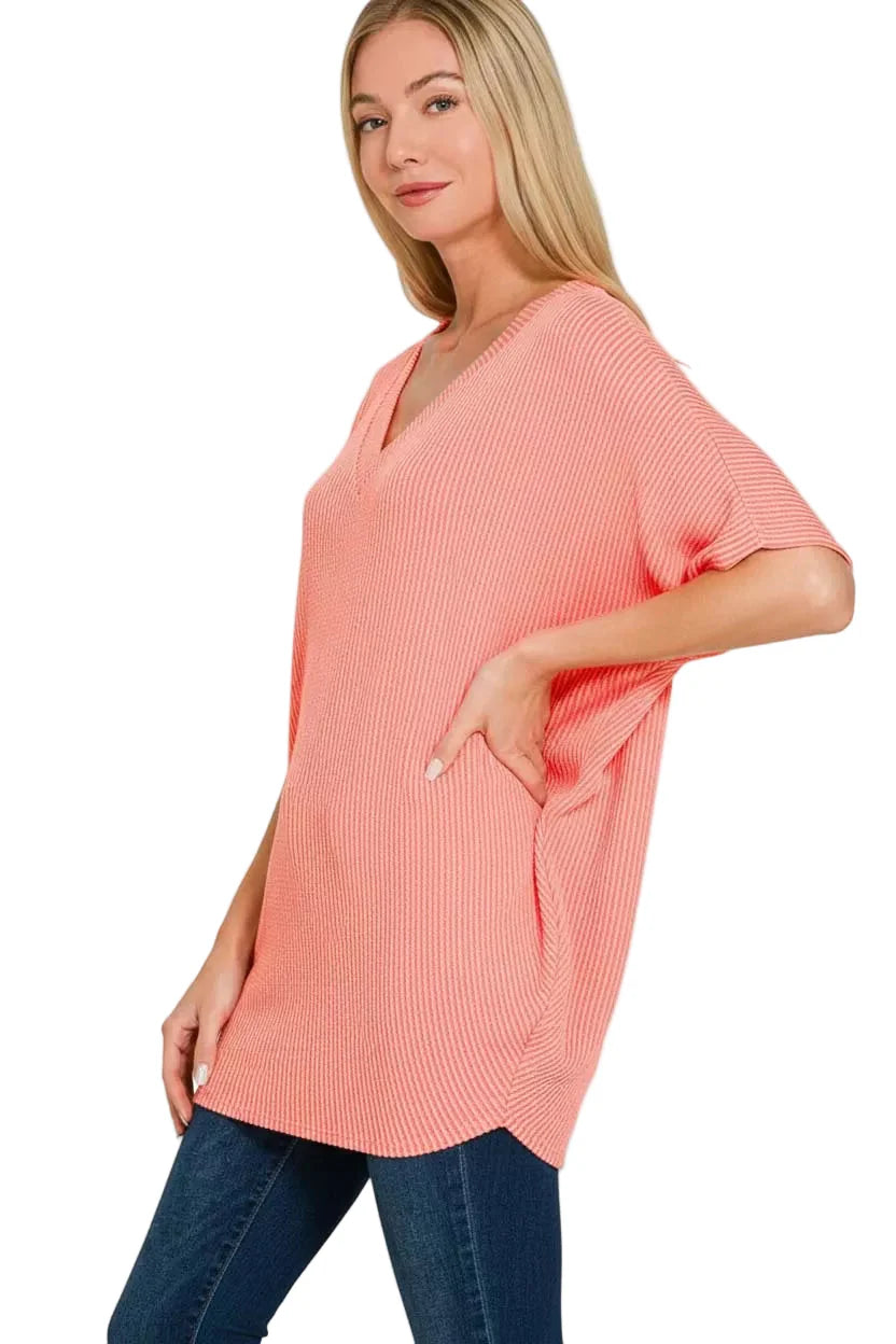 Zenana Raised Rib V-Neck Batwing Top
