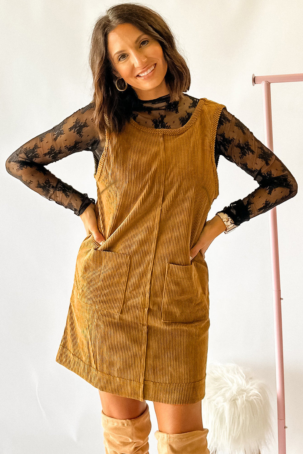 Black Corduroy Exposed Seam Sleeveless Mini Dress